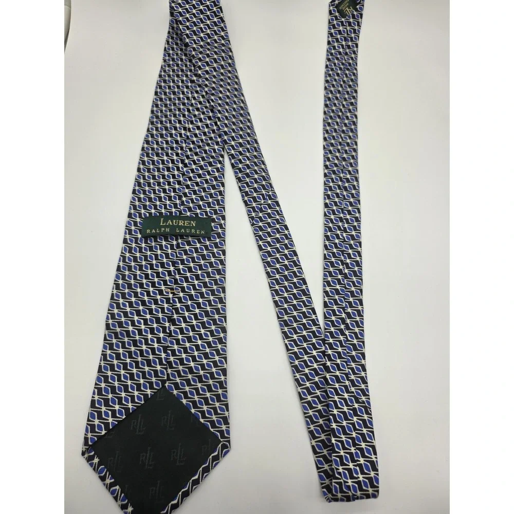 Lauren Ralph Lauren Silk Geometric Men's Tie Blue White Woven 57
